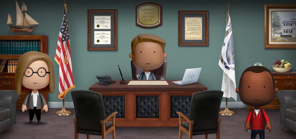 Animated game image of a man behind a desk with a laptop