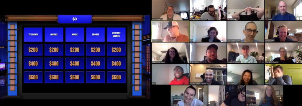 Employees playing a Jeopardy! game on Zoom